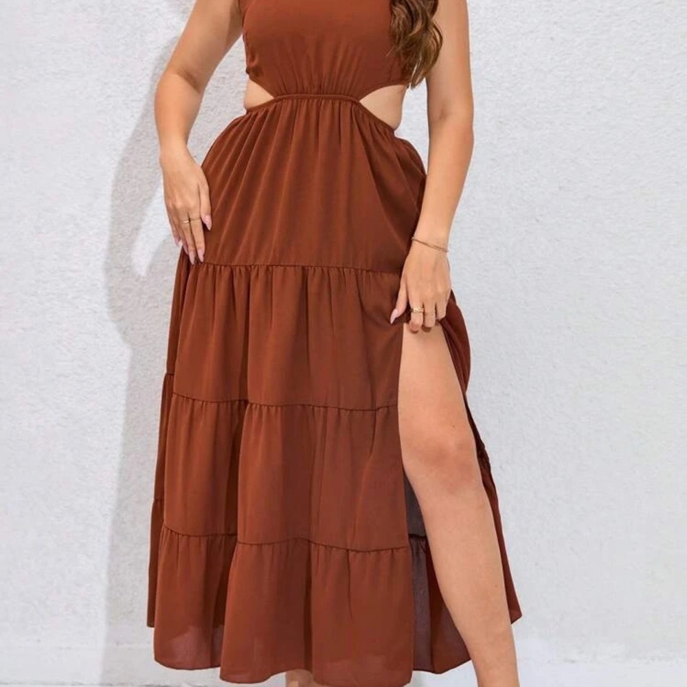 Brown Tiered Halter Sundress with Slit
